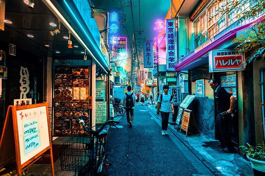 two person walking along the alley, people, human, japan, street, HD wallpaper