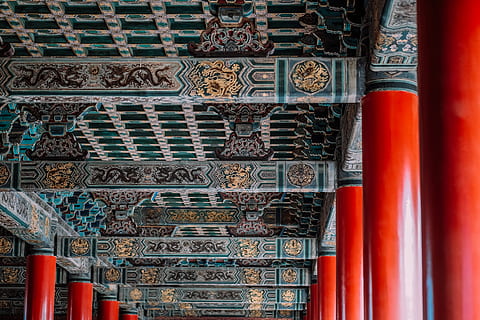 red concrete pillars, building, architecture, temple, shrine HD wallpaper