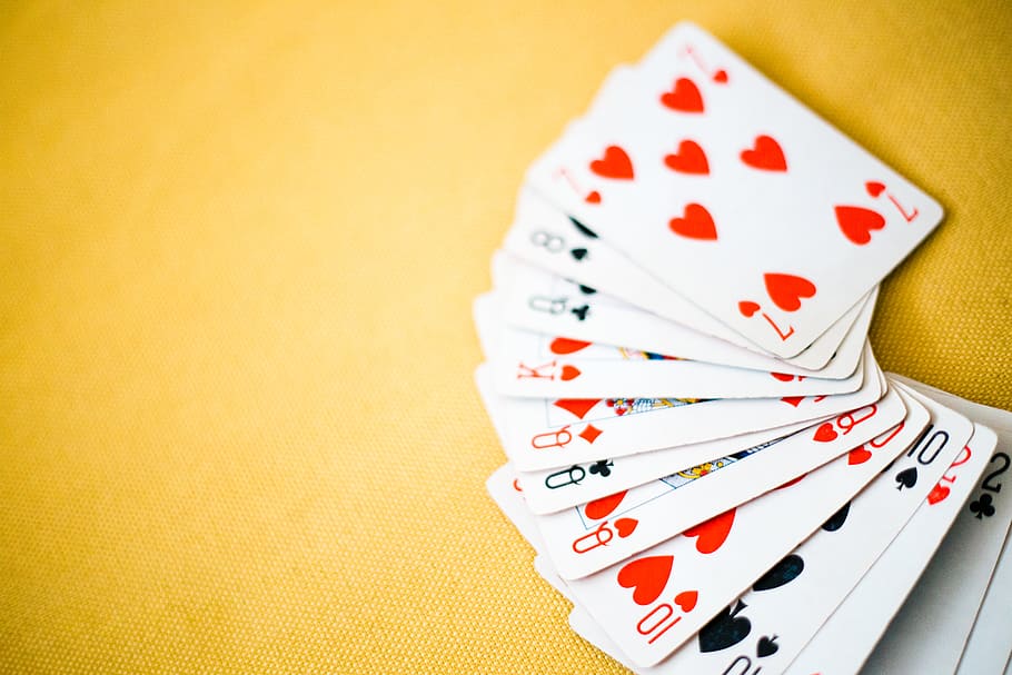 Close-Up Photo of Playing Cards, blur, card game, focus, hearts, HD wallpaper