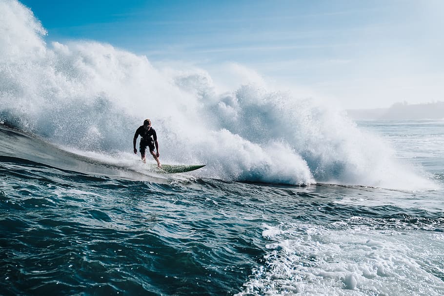 man doing surfing during daytime, surfer, wave, water, sea, ocean, HD wallpaper