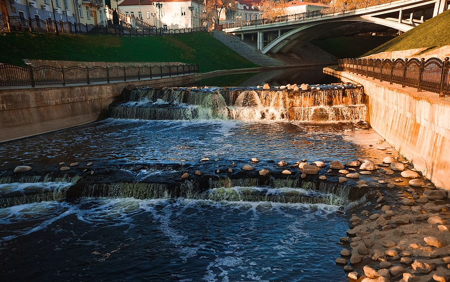 Waterfalls Near Bridge during Day, flow, river, rocks, stones HD wallpaper