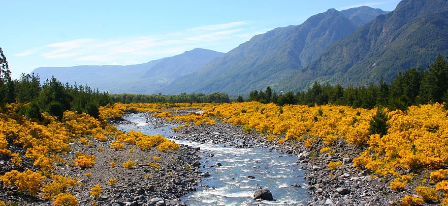river, brook, landscape, nature, holiday, pond, view, mountains HD wallpaper