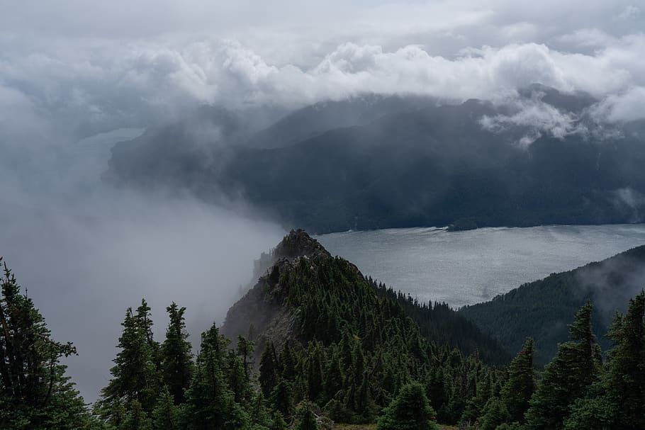 mountains under clouds during daytime, lake cushman, united states HD wallpaper