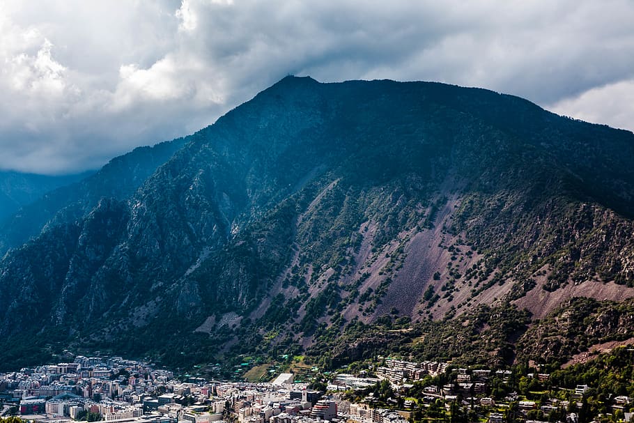 mountains with trees, cloud, valley, forest, town, hill, filter HD wallpaper