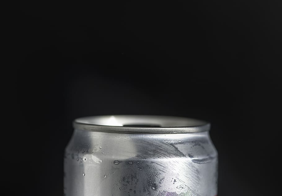 Silver Aluminum Can, beer, beverage, black background, chilled