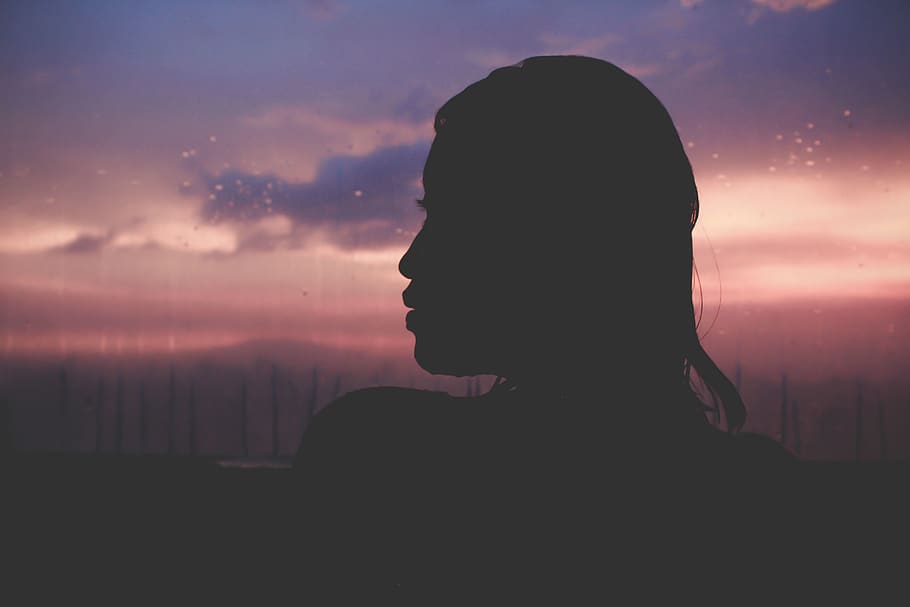 silhouette, gradient, pink, violet, window, fog, girl, woman HD wallpaper