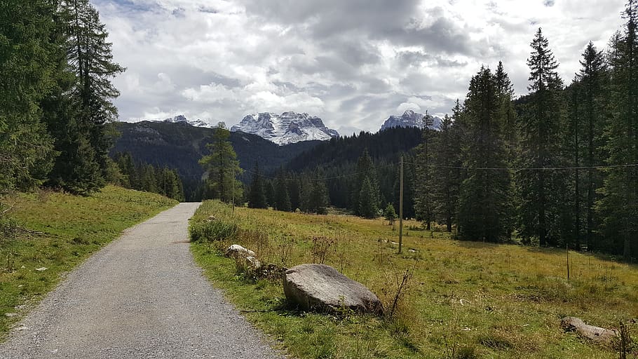 mountains, clouds, road, landscape, sky, outdoors, nature, trees HD wallpaper