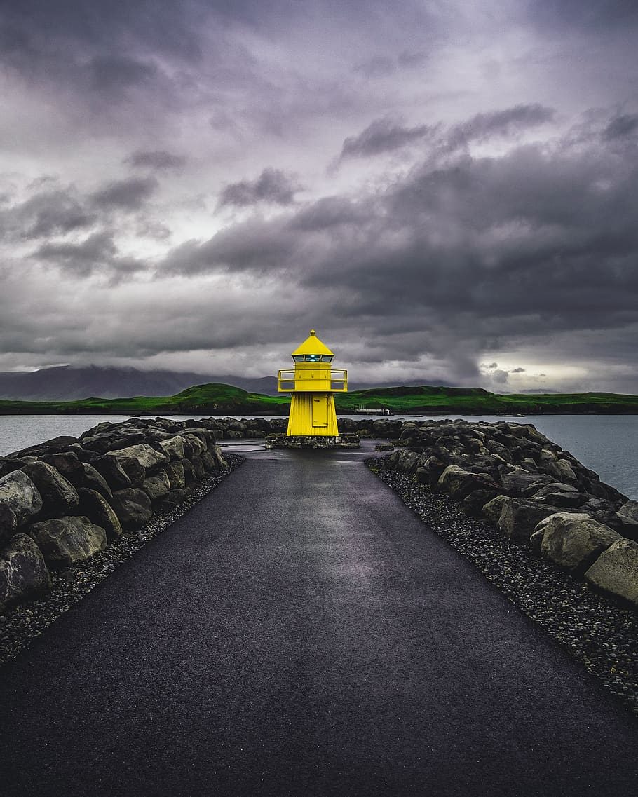 yellow lighthouse beside sea, cloud - sky, direction, water, built structure HD wallpaper