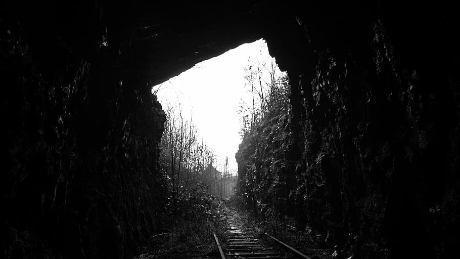 View of Tunnel, backlit, black and-white, dark, eerie, fog, landscape, HD wallpaper
