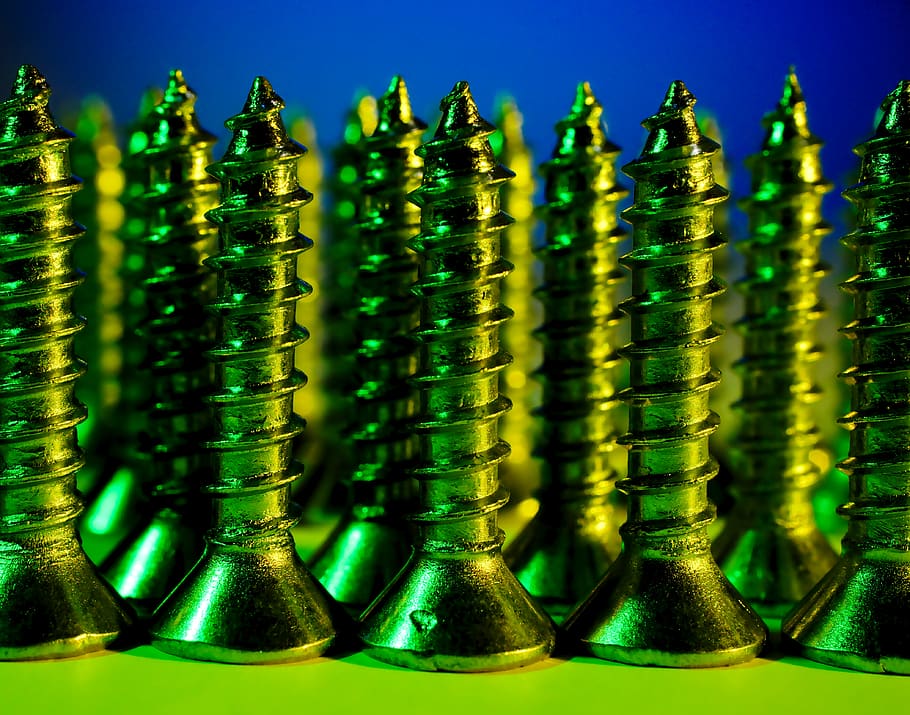 brass screw lot, machine, lazy creek studio, us, tyler, green HD wallpaper