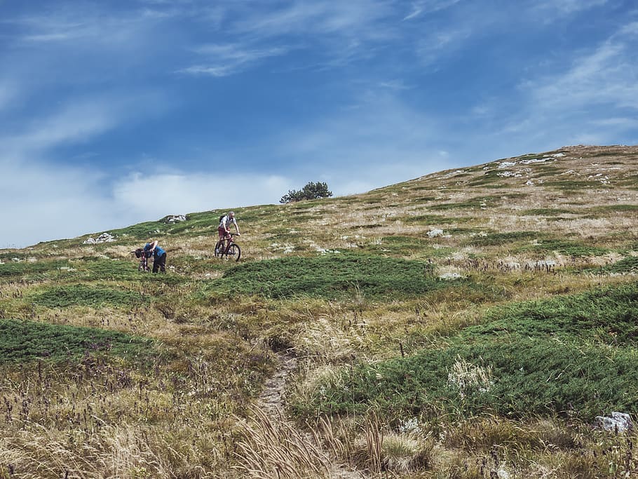 Man Cycling Down Hill, adventure, blue, daylight, environment HD wallpaper