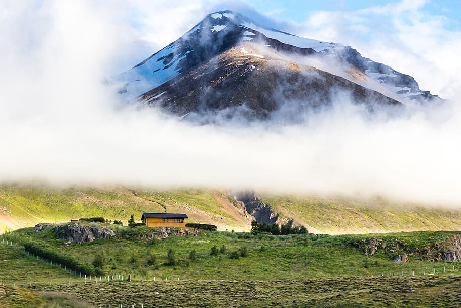 iceland, clouds, scenery, landscape, fog, mountain, cabin, house HD wallpaper