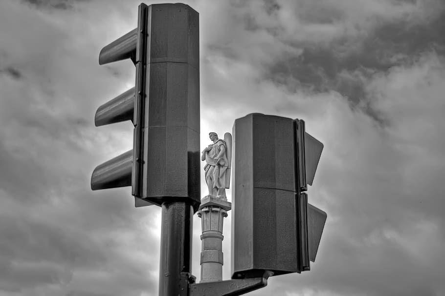 traffic light, statue, double white black, cloud - sky, low angle view HD wallpaper
