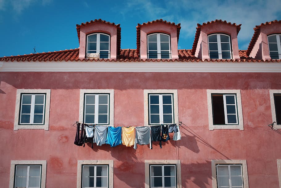 hanging clothes lot, home decor, window, roof, shutter, curtain HD wallpaper