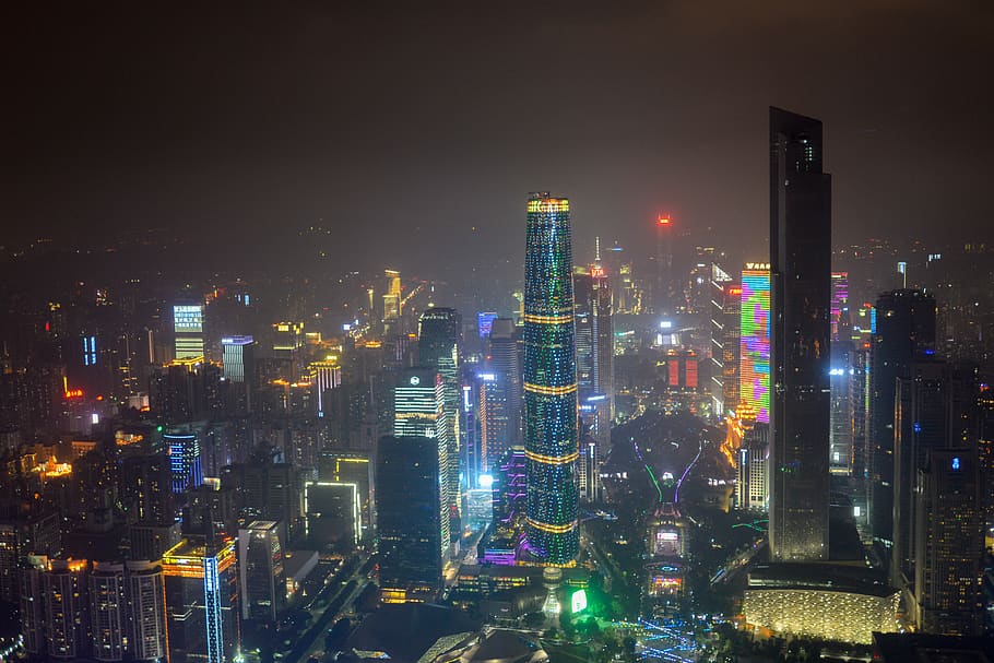 china, guangzhou, asia, city, glow, tower, building exterior