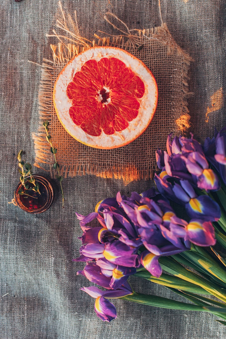 Top View Photo of Sliced Orange Near Flowers, beautiful, bloom HD wallpaper