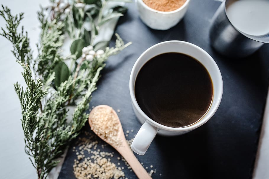 coffee in white ceramic mug, cutlery, spoon, coffee cup, plant HD wallpaper