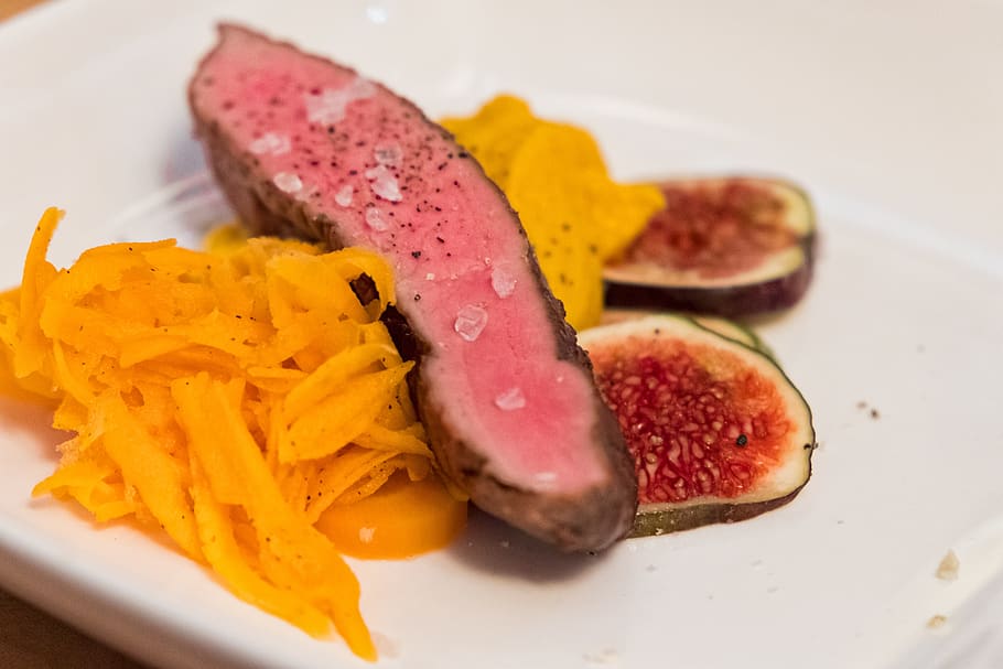 menu, eat, dine, meat, duck breast, yam, potato, figs, restaurant HD wallpaper