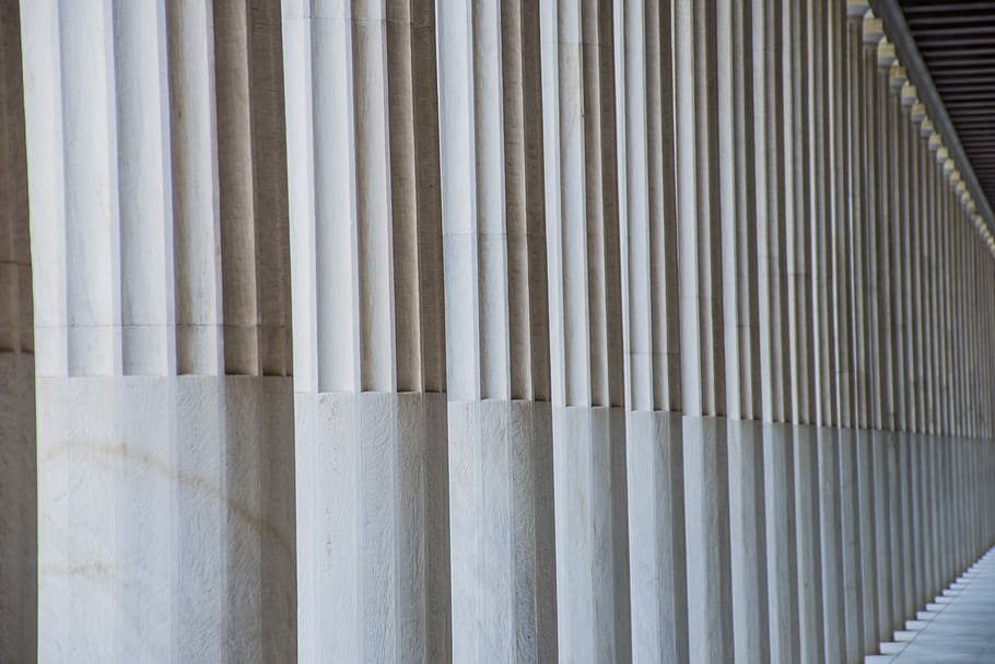 columns, perspective, depth, parallel, endless, museum, temple HD wallpaper
