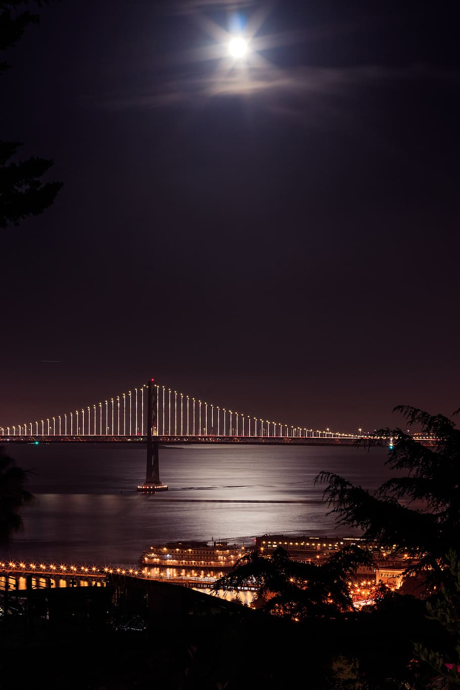 grey and brown concrete bridge, sky, water, architecture, night HD wallpaper