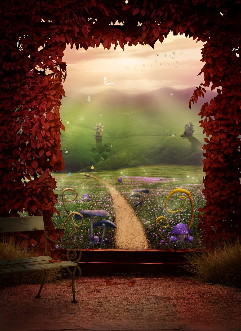 fantasy, landscape, mountains, meadow, hedge, waterfall, windmill HD wallpaper