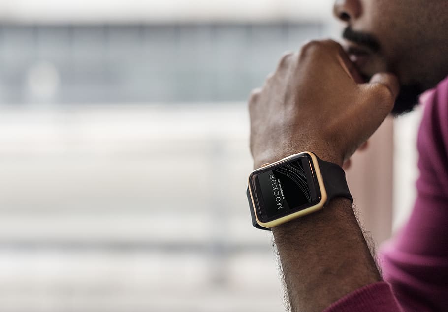 Selective Focus Photo of Man Wearing Gold Aluminum Case Apple Watch With Black Sport Band Displaying Mockup, HD wallpaper
