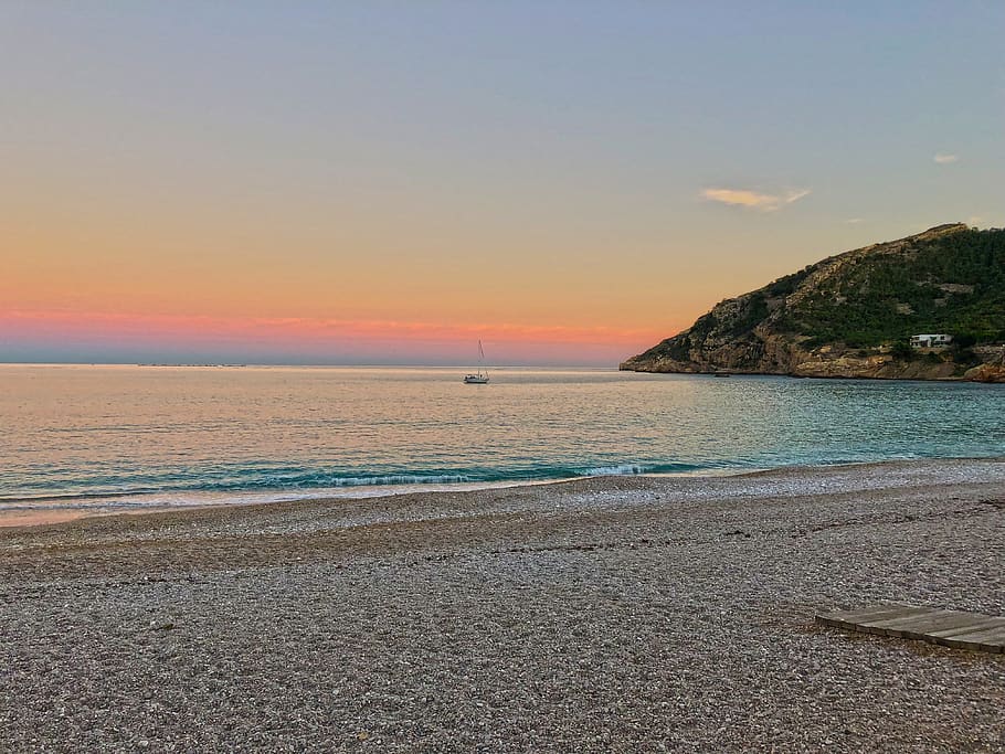 albir, beach, spain, sunset, calm, horizon, sea, mediterranean HD wallpaper