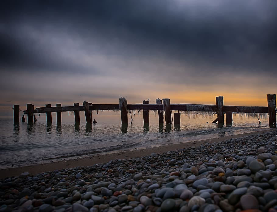 Brown Wooden Dock, beach, clouds, dusk, evening, landscape, nature HD wallpaper