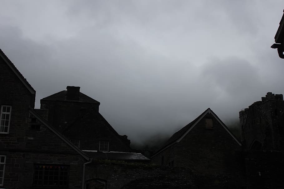 united kingdom, fishguard, darkness, houses, fog, cloudy, rain, HD wallpaper