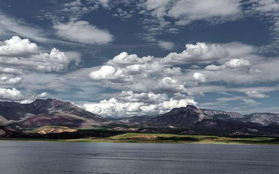 landscape photography of mountain, lake, cloud, water, rock, cumulu HD wallpaper