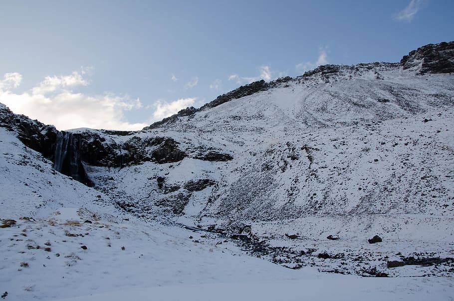 iceland, mountain, waterfall, snow, winter, sky, cold temperature HD wallpaper