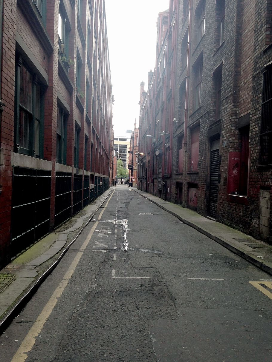 Looking straight down one of the Victorian streets in Manchester's Northern Quarter. This is where they filmed some of the scenes in Captain America!