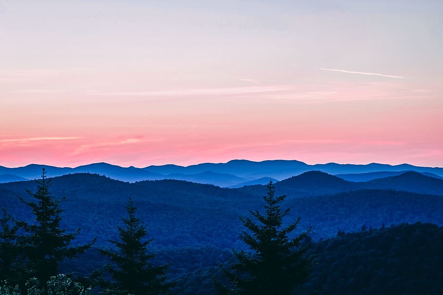 trees covered mountain taken under pink sky during sunset, layer, HD wallpaper