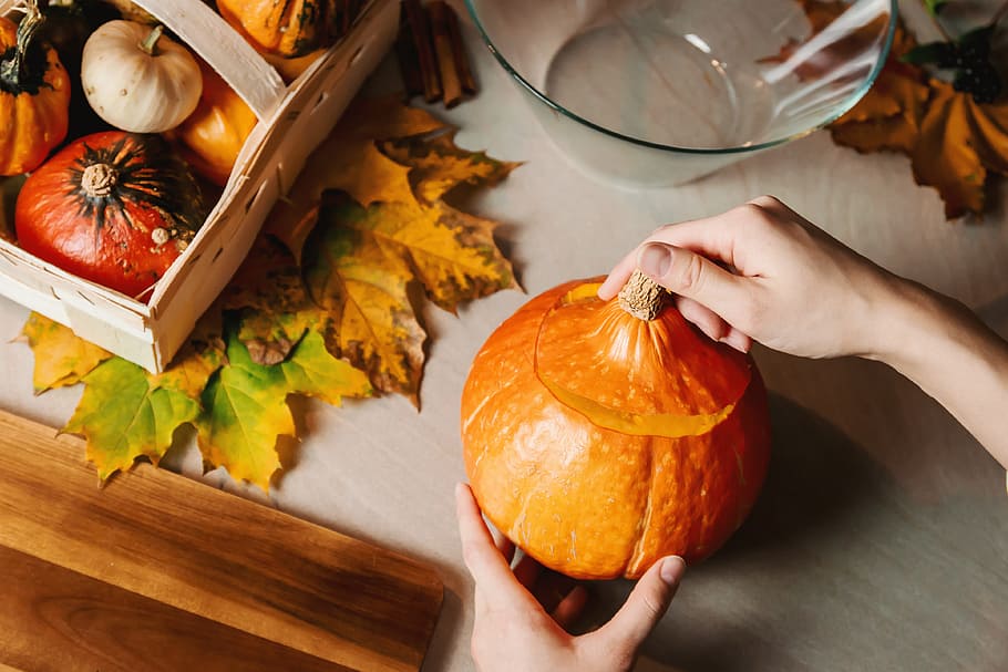 Girls hands carve the pumpkin. Halloween., food, food and drink HD wallpaper