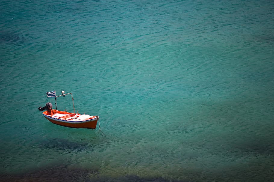 boat, ocean, alone, single, floating, clear water, sea, fishing boat HD wallpaper