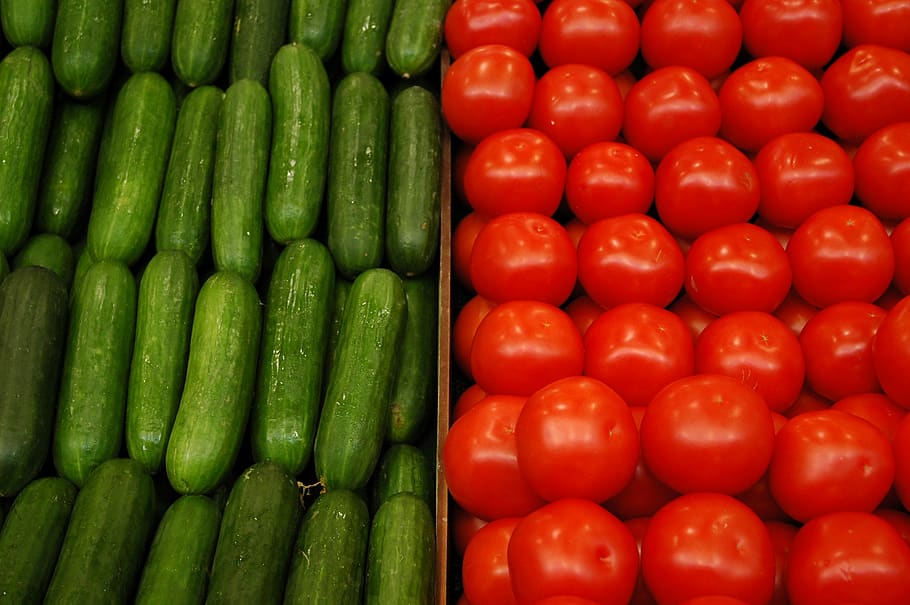 cucumbers, tomato, fruit, produce, vegetables, health, nutrition HD wallpaper