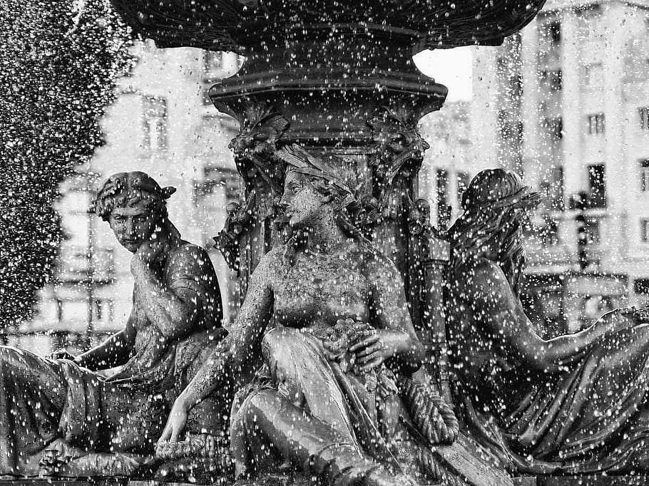 grayscale photography statue of women, water, fountain, human