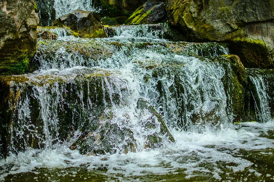 waterfall, moss, stone, river, landscape, japanese garden in london HD wallpaper