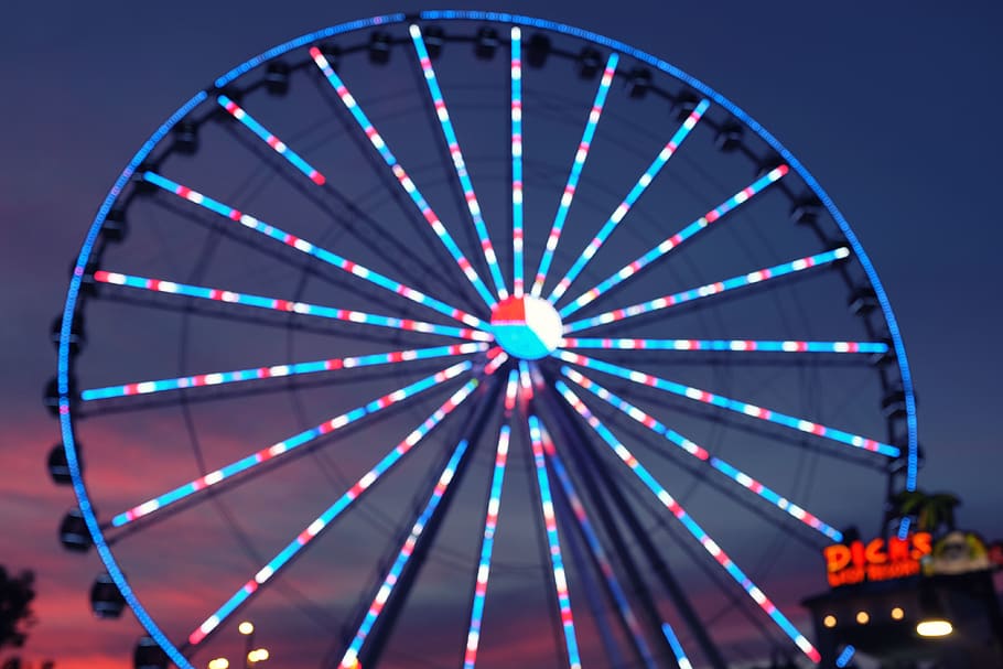 bokeh, light, focus, blur, ferris wheel, night, circle, amusement park HD wallpaper
