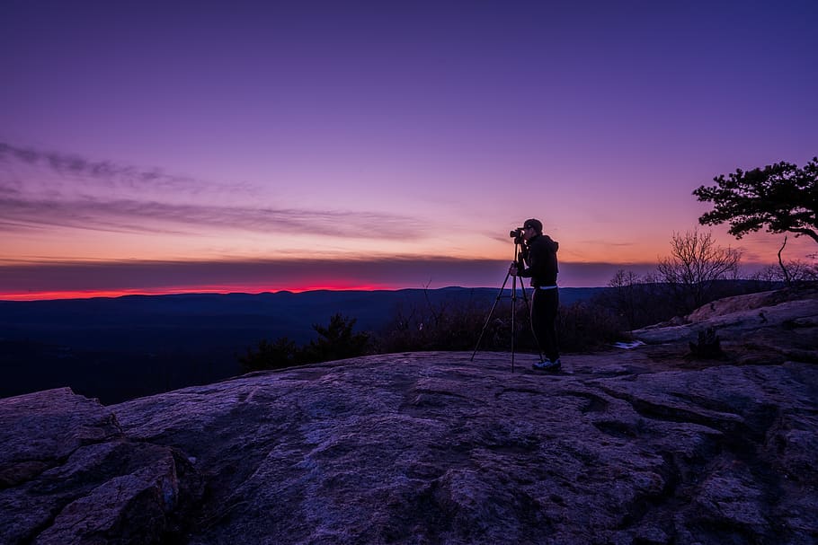 Man Taking a Photo Using Camera With Tripod, adventure, dawn HD wallpaper