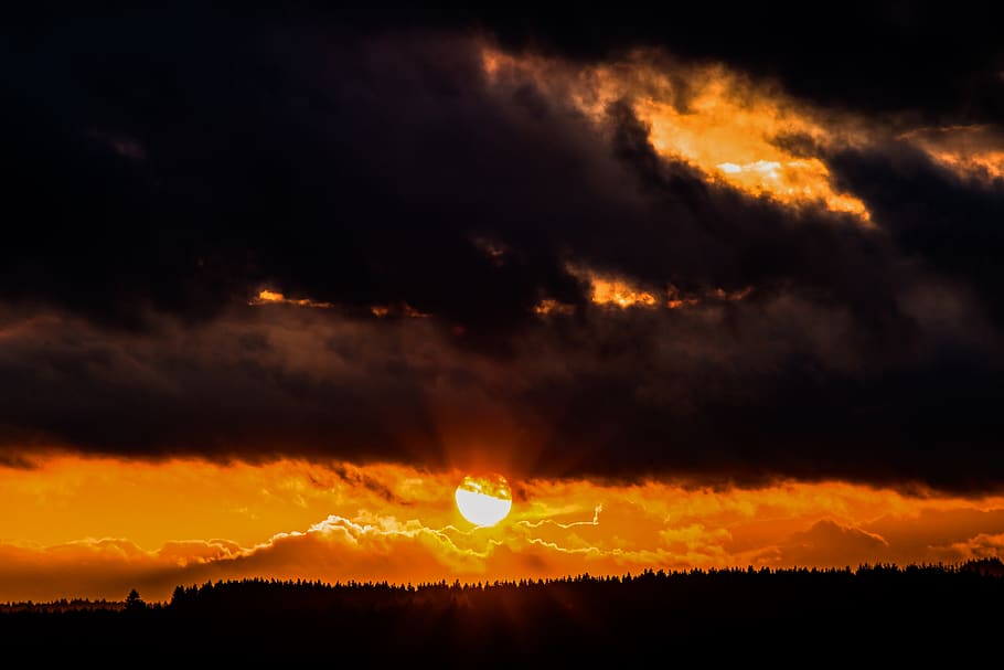 sunset, sunbeam, clouds, cloud cover, dark clouds, forest, evening HD wallpaper