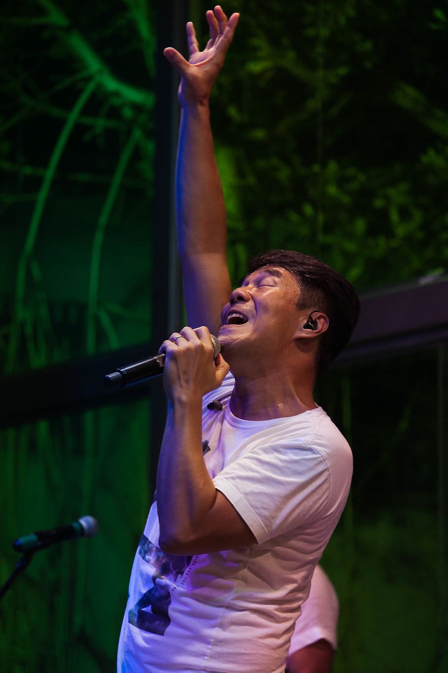 Man Wearing White T-shirt Singing at the Stage, artist, band