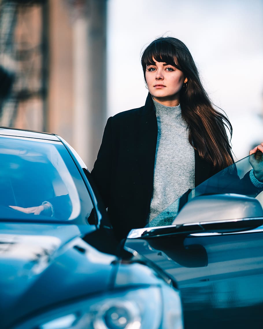 woman standing beside vehicle, tesla model, car, smart, smart casual, HD wallpaper