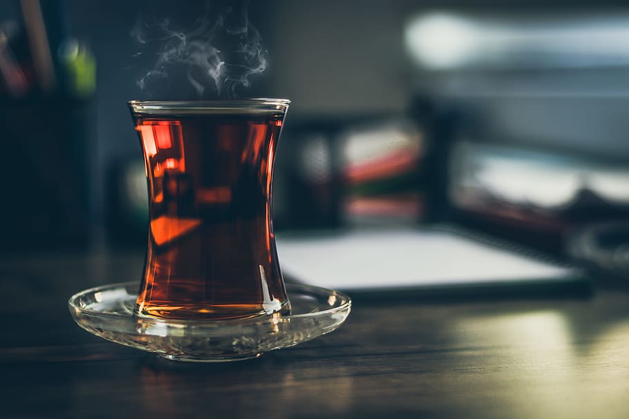Close-up Photo of Steaming Black Tea in Glass, beverage, cup of tea