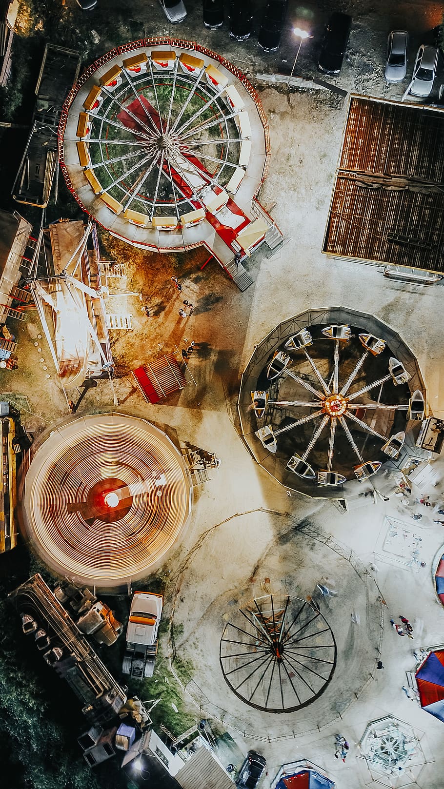 multiple carnival rides, wheel, transportation, high angle view HD wallpaper