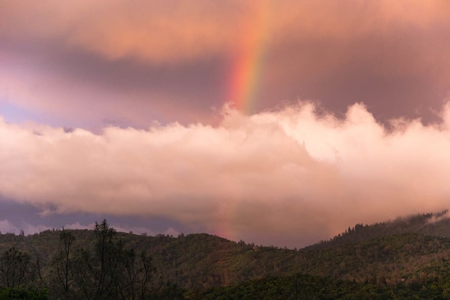 Rainbow, clouds, dawn, dusk, landscape, mountain, nature, scenic HD wallpaper