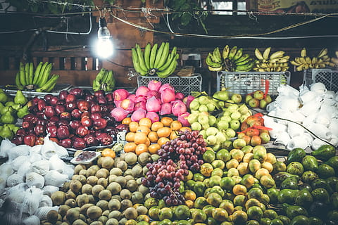 Assorted Fruit Stand, apples, background, bananas, colorful, colors HD wallpaper