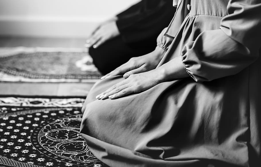 Grayscale Photography of Woman Kneeling on Area Rug, arabic, belief