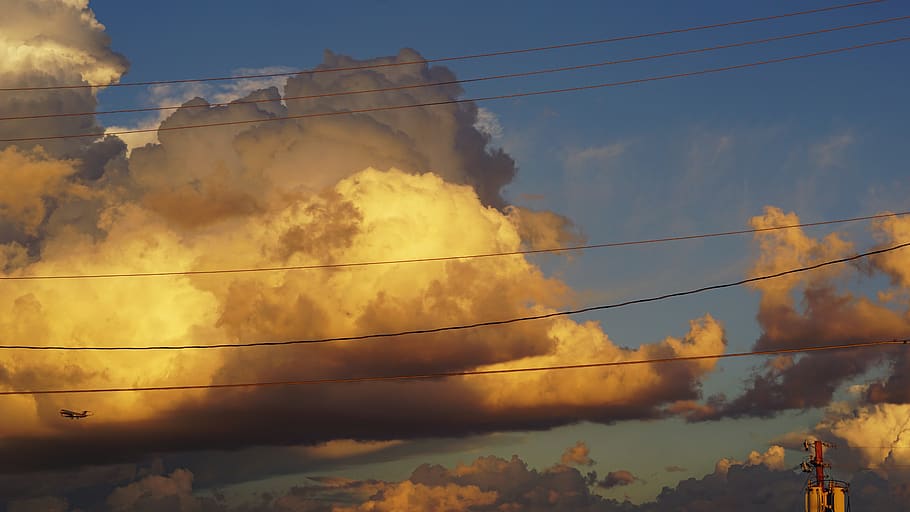 plane, clouds, sky, wires, telephone, telephone pole, blue HD wallpaper