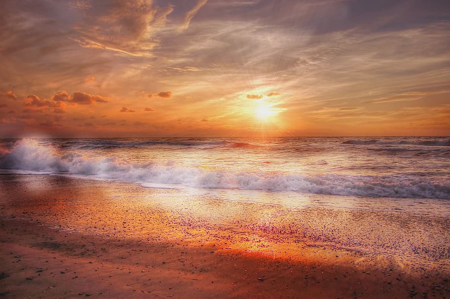 sun, beach, sea, sunset, water, summer, landscape, sky, sand HD wallpaper